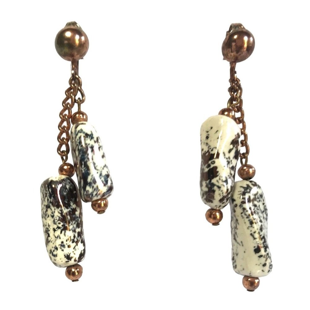 Vintage Unique 1950s 1960s Copper Tone Clip On Earrings w Ceramic Bead Dangles